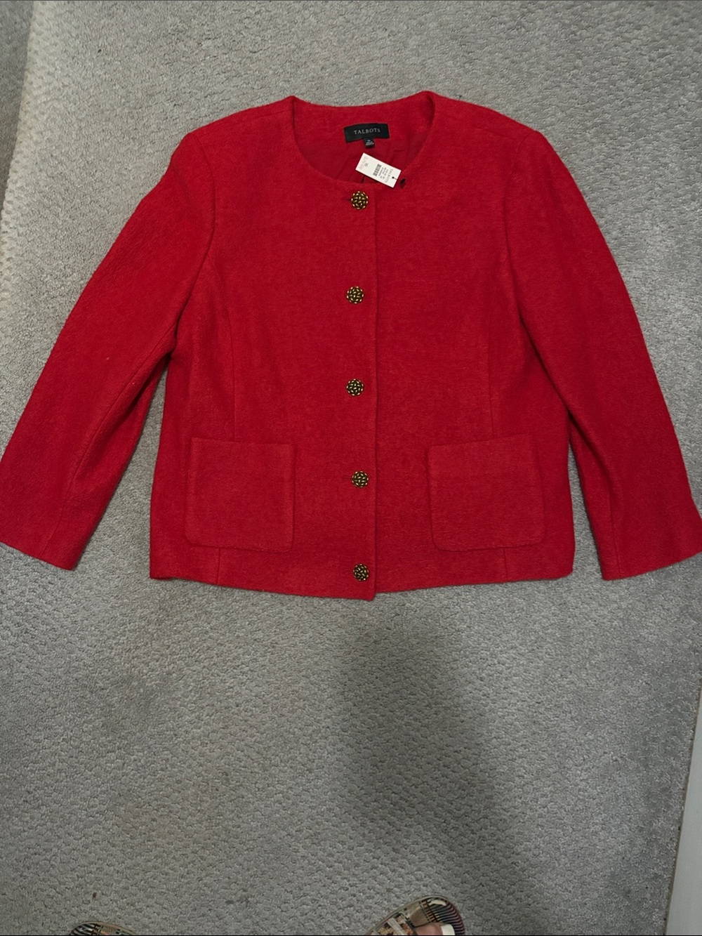 NWT Talbots Red Collarless Boucle Jacket with Decorative Buttons 16